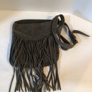 Earthbound Trading Company Fringed Gray Leather Hip Bag Boho Purse Crossbody